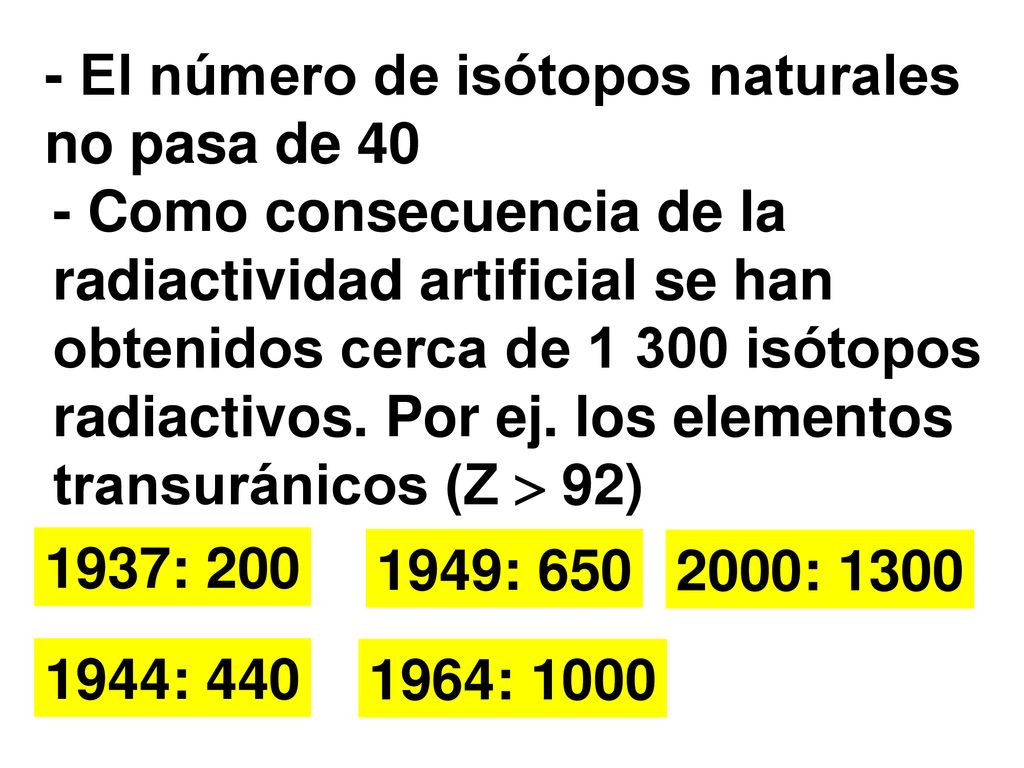 - El número de isótopos naturales no pasa de 40