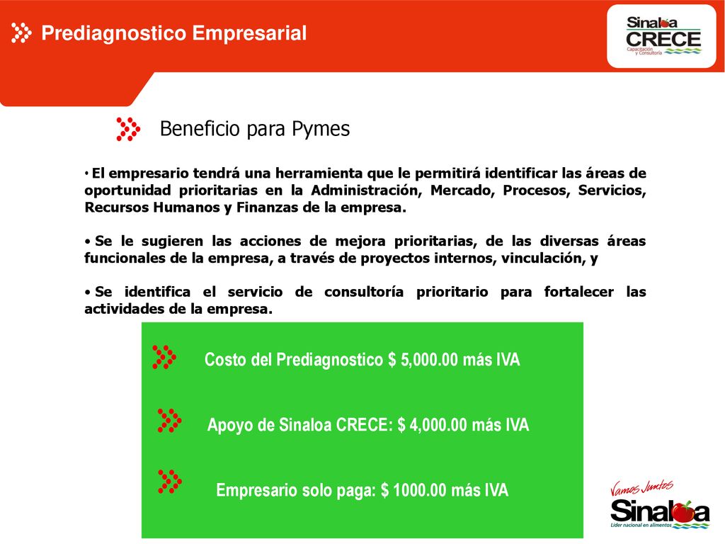 Beneficio para Pymes Costo del Prediagnostico $ 5, más IVA