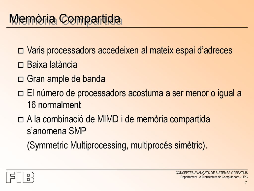 Memòria Compartida Varis processadors accedeixen al mateix espai d’adreces. Baixa latància. Gran ample de banda.