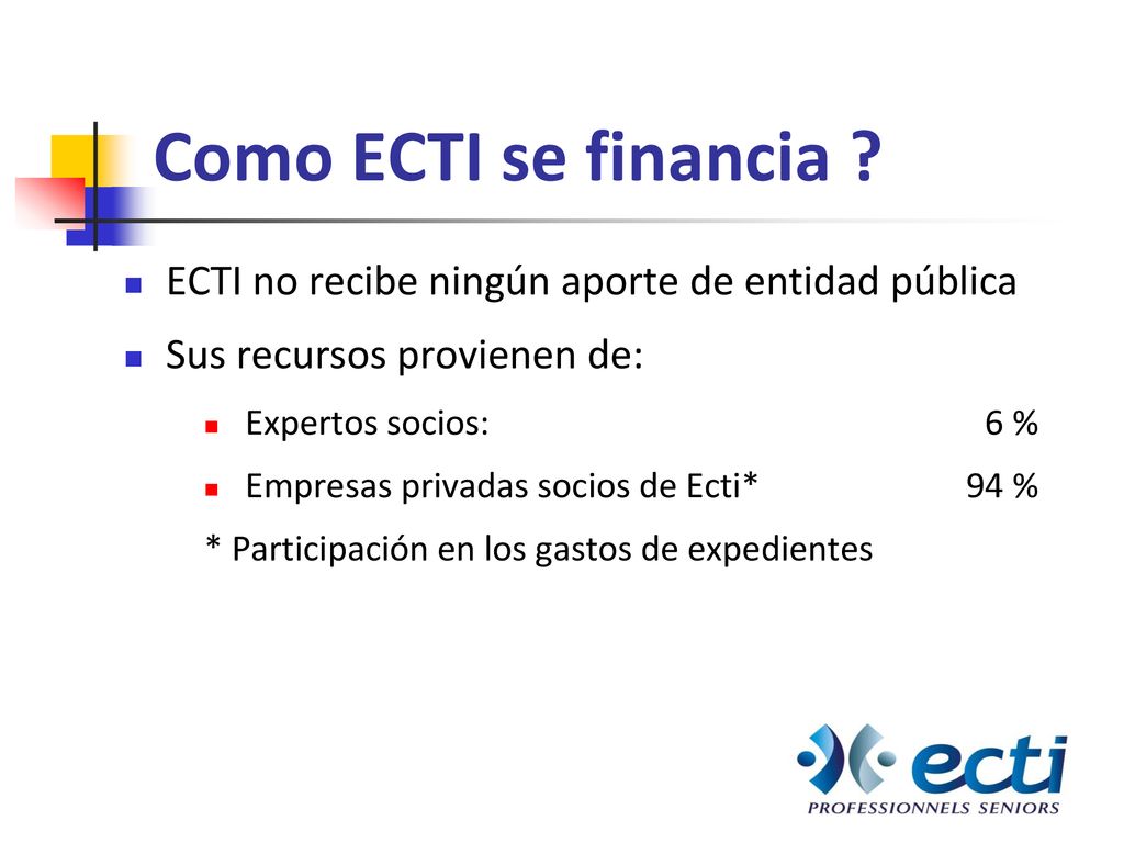 Como ECTI se financia ECTI no recibe ningún aporte de entidad pública. Sus recursos provienen de: