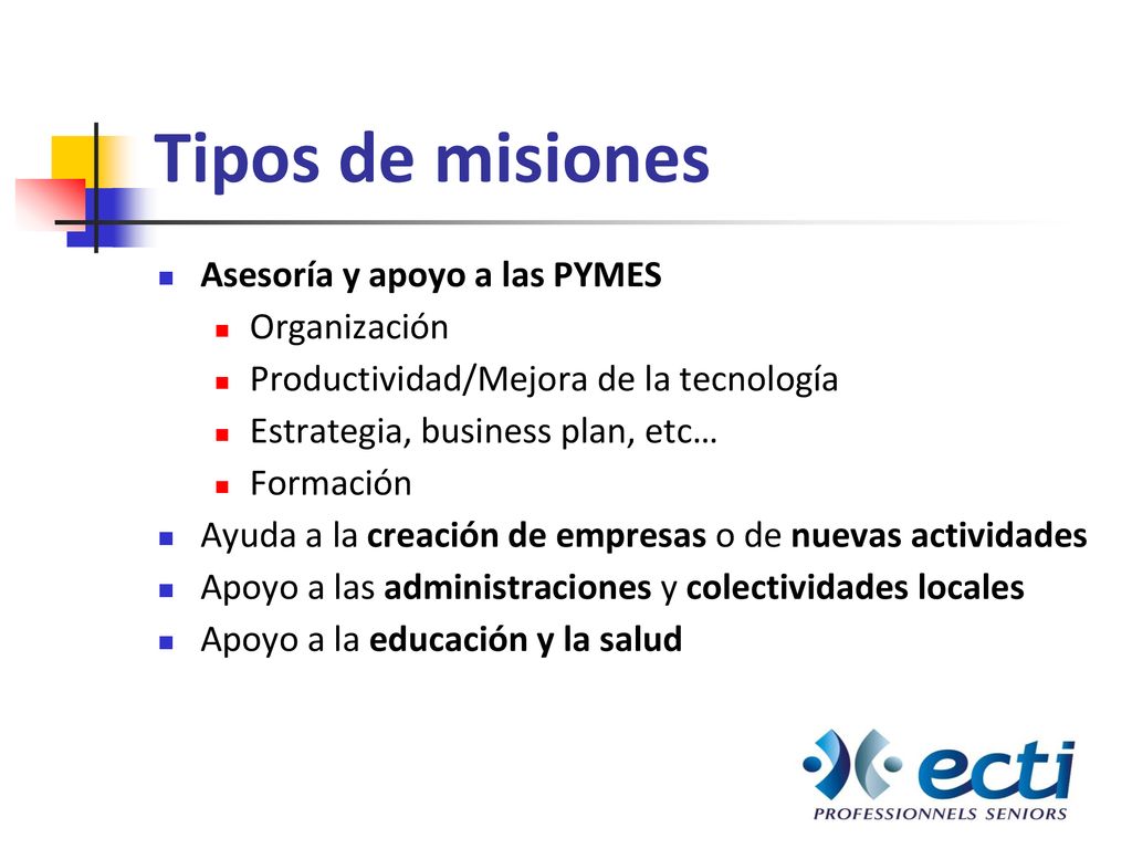 Tipos de misiones Asesoría y apoyo a las PYMES Organización