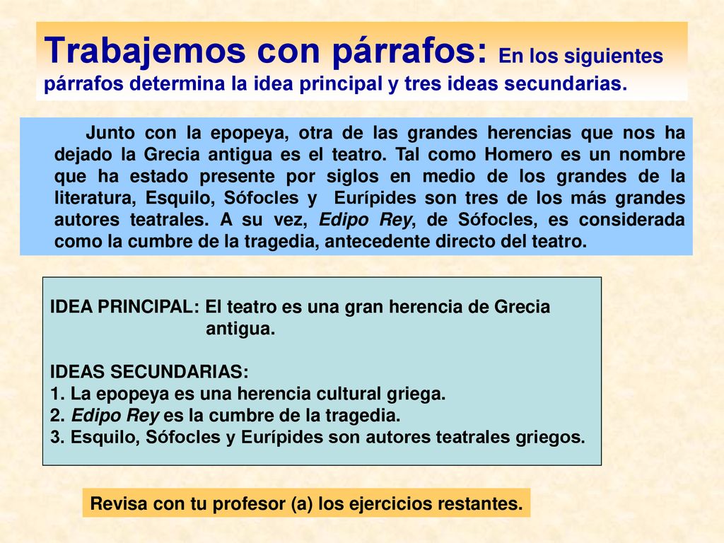 Trabajemos con párrafos: En los siguientes párrafos determina la idea principal y tres ideas secundarias.