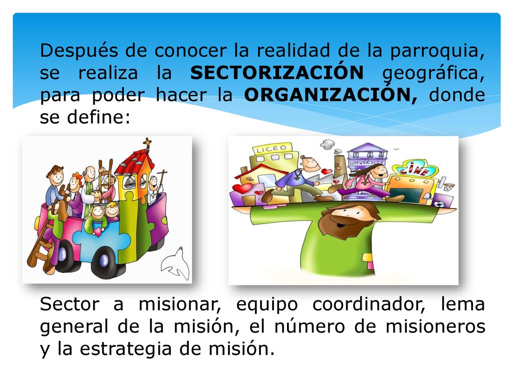 Después de conocer la realidad de la parroquia, se realiza la SECTORIZACIÓN geográfica, para poder hacer la ORGANIZACIÓN, donde se define: