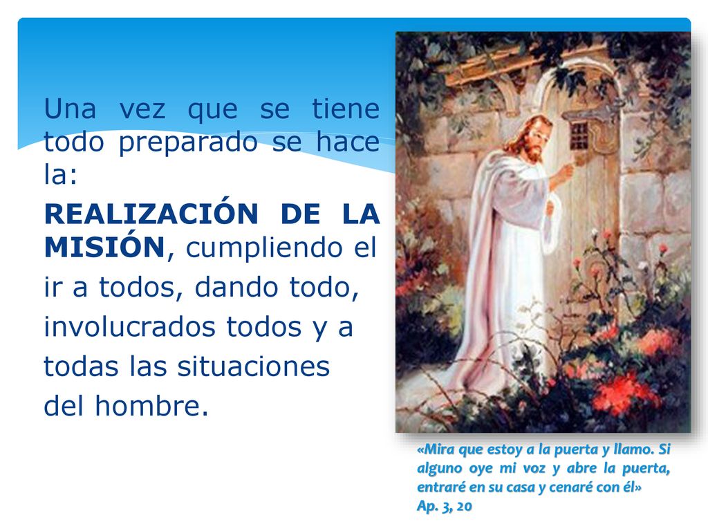 Una vez que se tiene todo preparado se hace la: REALIZACIÓN DE LA MISIÓN, cumpliendo el ir a todos, dando todo, involucrados todos y a todas las situaciones del hombre.
