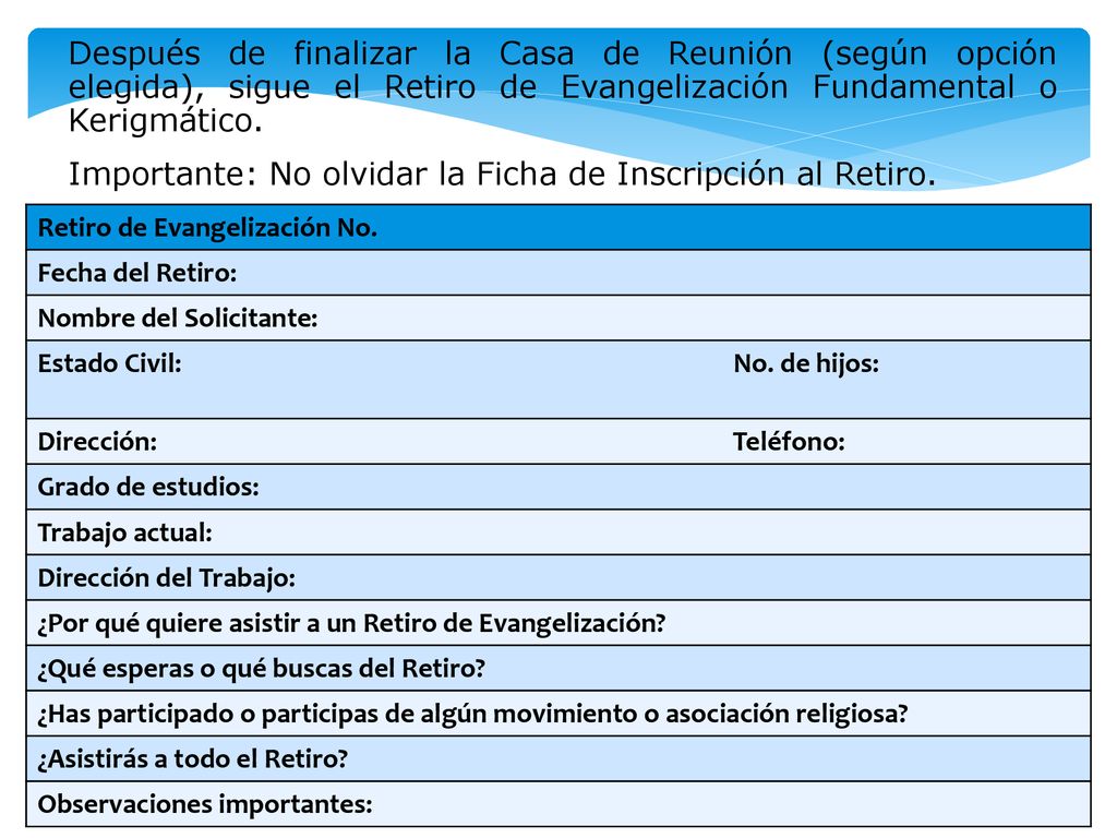 Importante: No olvidar la Ficha de Inscripción al Retiro.