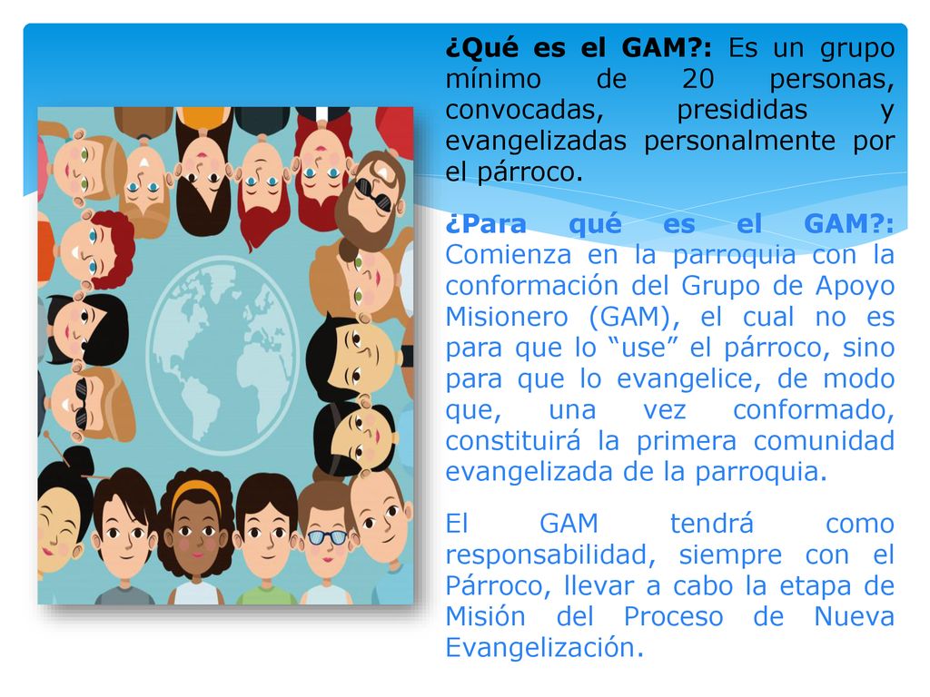 ¿Qué es el GAM : Es un grupo mínimo de 20 personas, convocadas, presididas y evangelizadas personalmente por el párroco.
