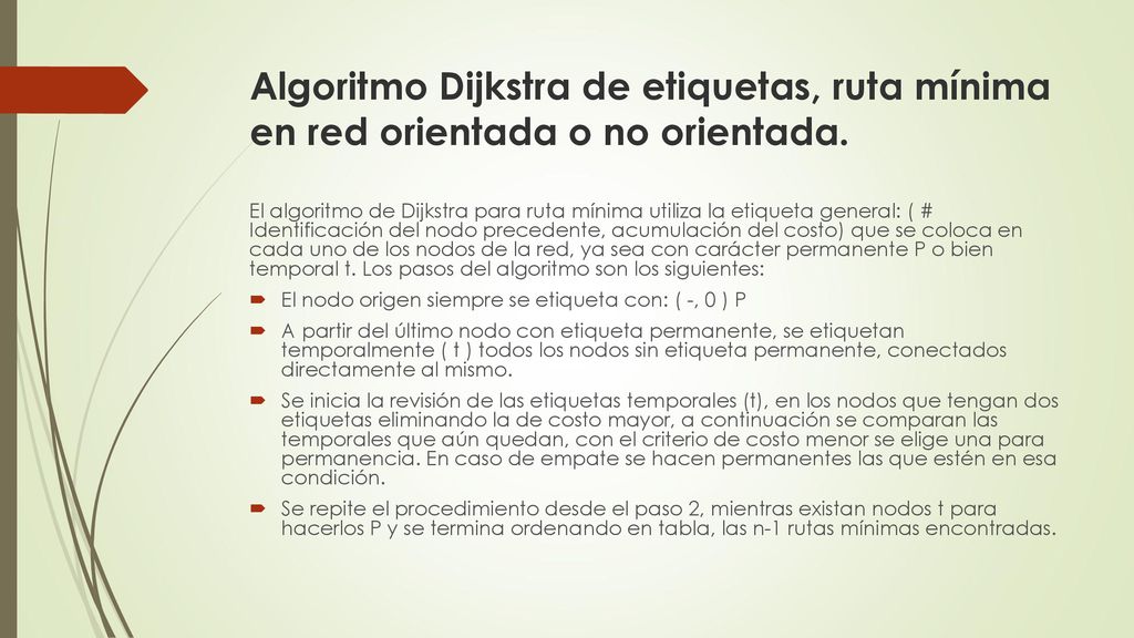 Algoritmo Dijkstra de etiquetas, ruta mínima en red orientada o no orientada.