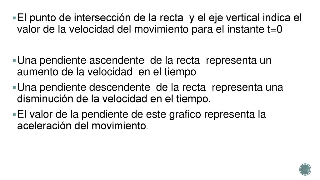 El punto de intersección de la recta y el eje vertical indica el valor de la velocidad del movimiento para el instante t=0