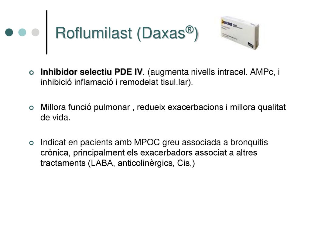 Roflumilast (Daxas®) Inhibidor selectiu PDE IV. (augmenta nivells intracel. AMPc, i inhibició inflamació i remodelat tisul.lar).