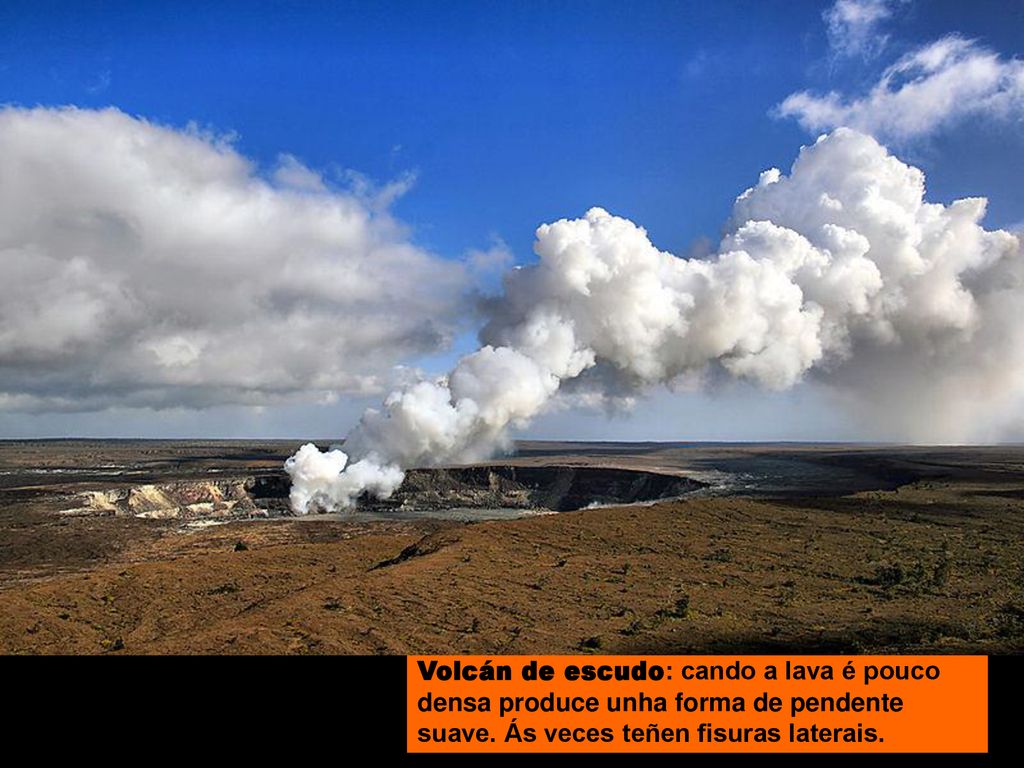 Volcán de escudo: cando a lava é pouco densa produce unha forma de pendente suave.