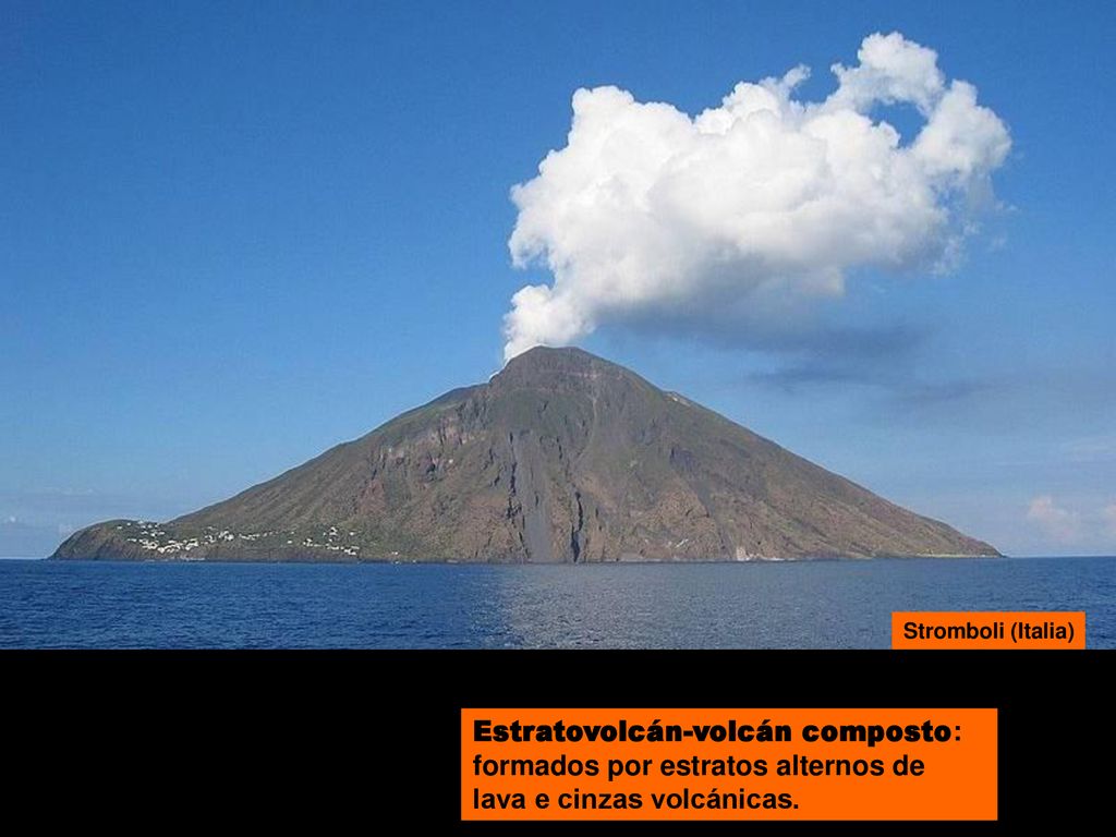 Stromboli (Italia) Estratovolcán-volcán composto: formados por estratos alternos de lava e cinzas volcánicas.