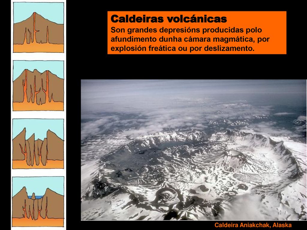 Caldeiras volcánicas Son grandes depresións producidas polo afundimento dunha cámara magmática, por explosión freática ou por deslizamento.