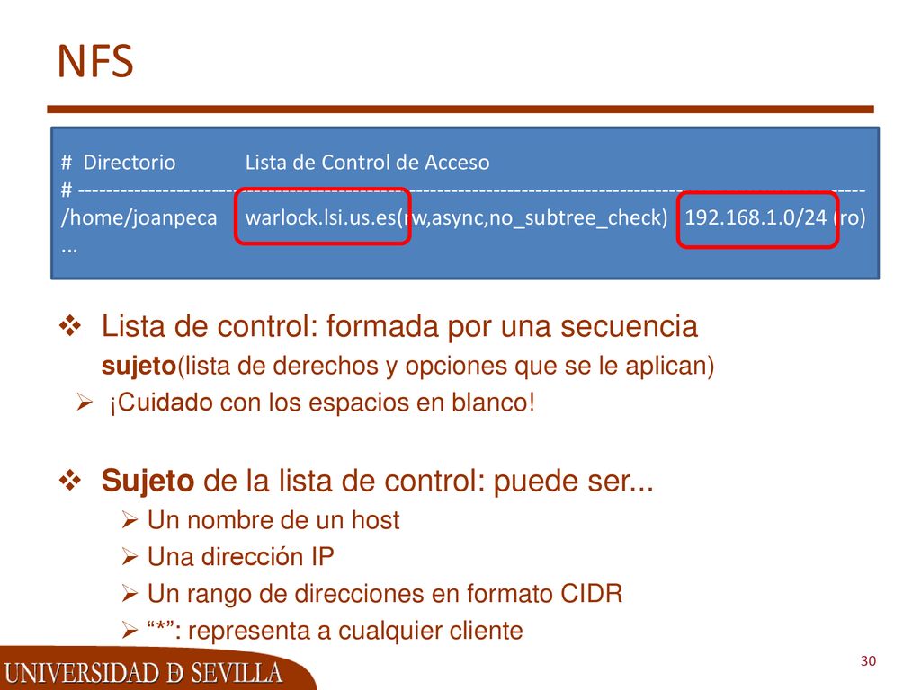 NFS Lista de control: formada por una secuencia