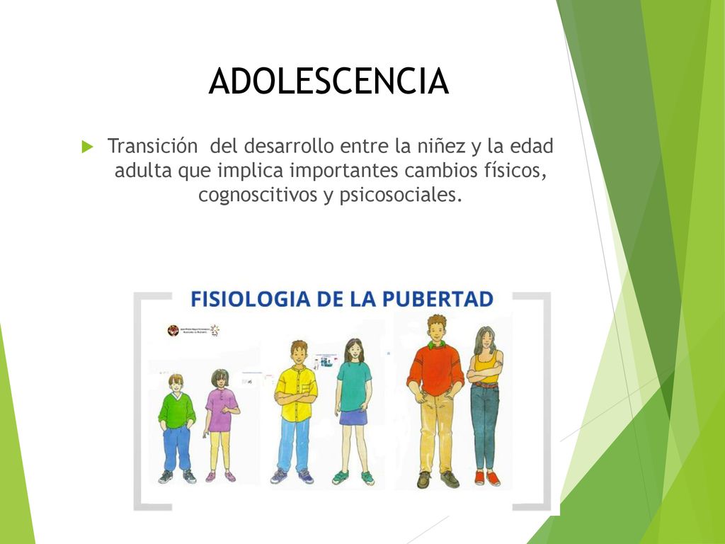 ADOLESCENCIA Transición del desarrollo entre la niñez y la edad adulta que implica importantes cambios físicos, cognoscitivos y psicosociales.