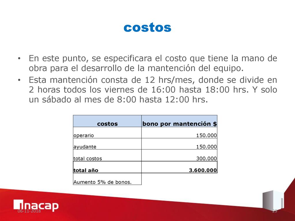costos En este punto, se especificara el costo que tiene la mano de obra para el desarrollo de la mantención del equipo.
