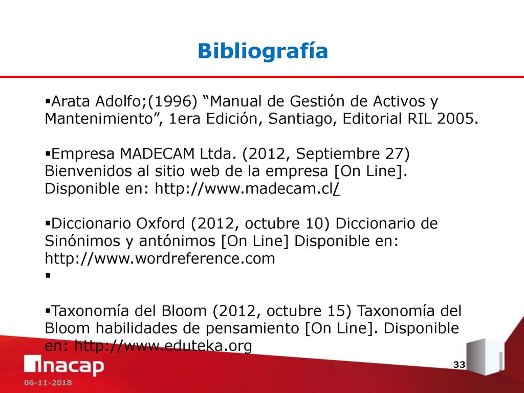 Bibliografía. Arata Adolfo;(1996) Manual de Gestión de Activos y Mantenimiento , 1era Edición, Santiago, Editorial RIL