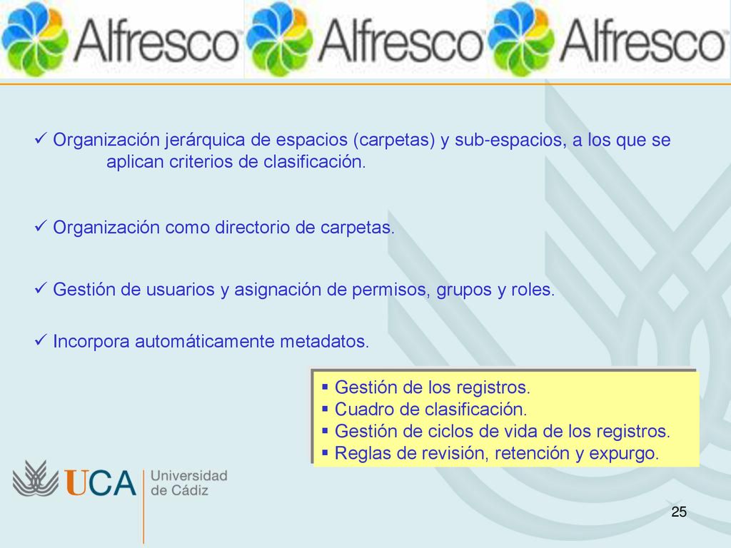 Organización jerárquica de espacios (carpetas) y sub-espacios, a los que se aplican criterios de clasificación.