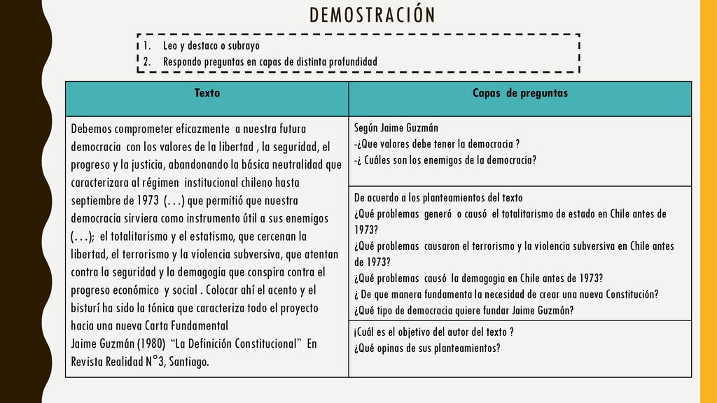 Demostración Leo y destaco o subrayo. Respondo preguntas en capas de distinta profundidad. Texto.