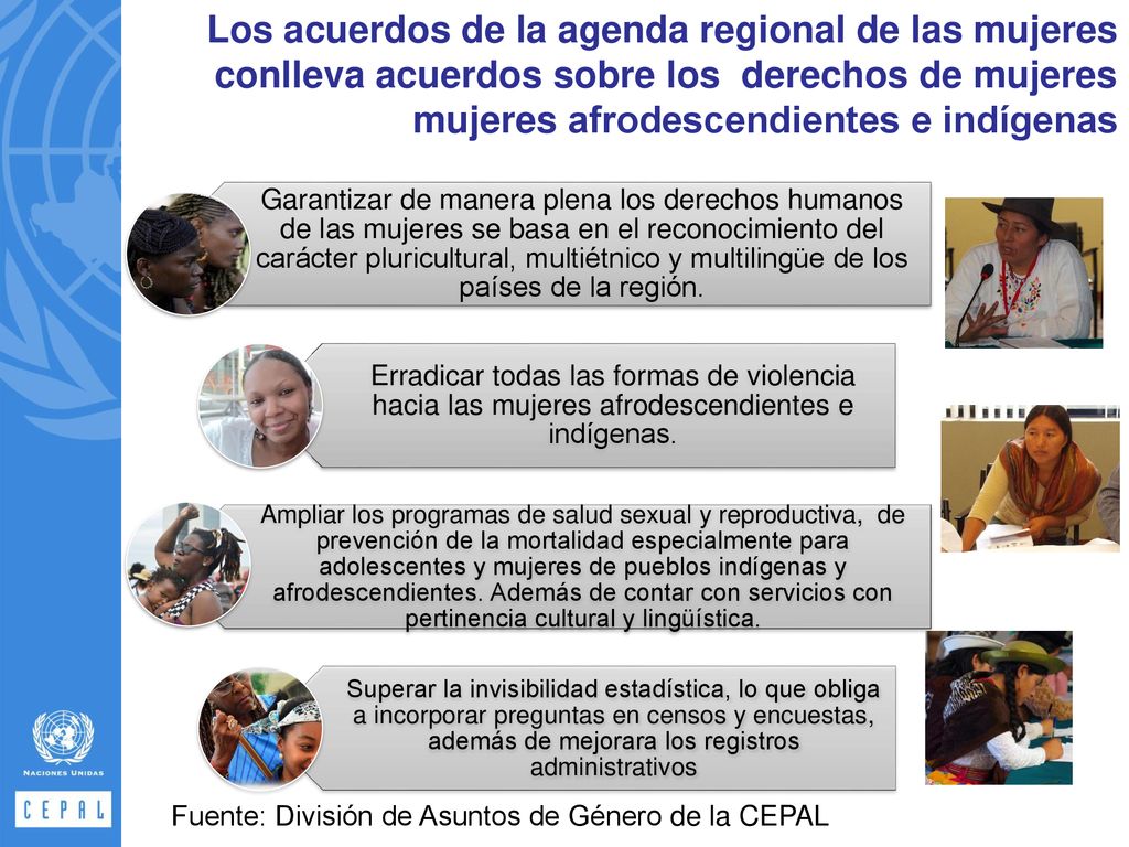 Los acuerdos de la agenda regional de las mujeres conlleva acuerdos sobre los derechos de mujeres mujeres afrodescendientes e indígenas