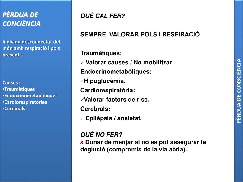 PÈRDUA DE CONCIÈNCIA QUÈ CAL FER SEMPRE VALORAR POLS I RESPIRACIÓ