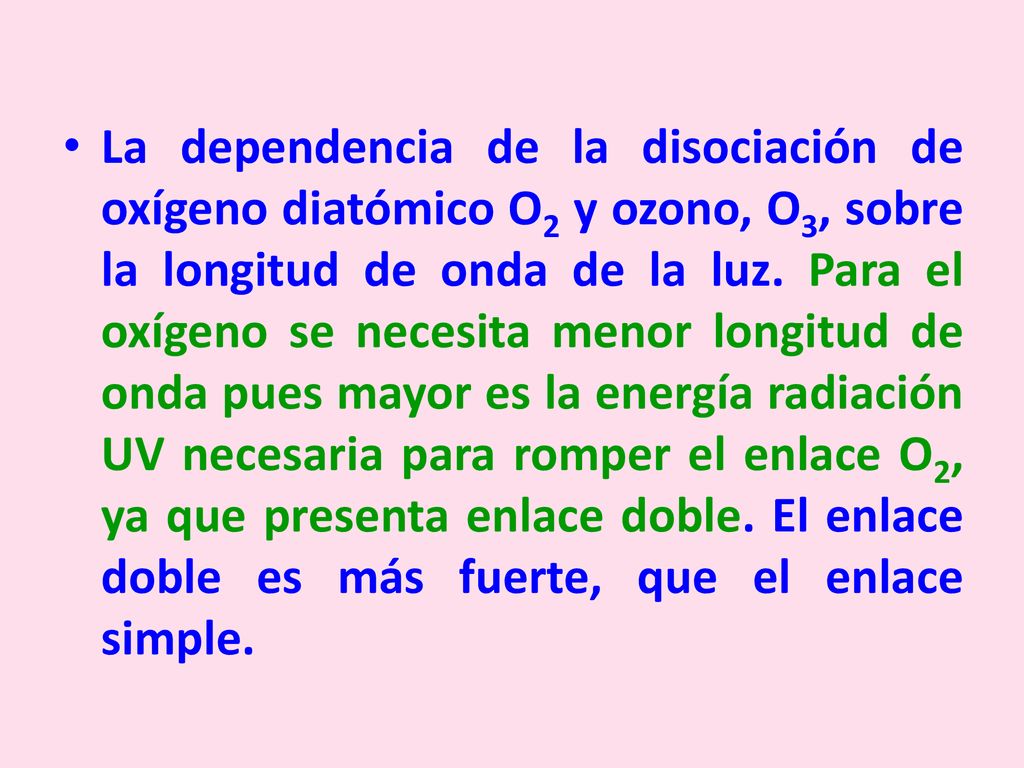 La dependencia de la disociación de oxígeno diatómico O2 y ozono, O3, sobre la longitud de onda de la luz.