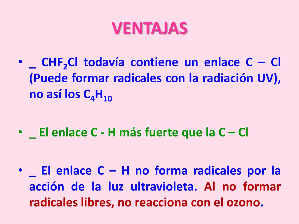 VENTAJAS _ CHF2Cl todavía contiene un enlace C – Cl (Puede formar radicales con la radiación UV), no así los C4H10.