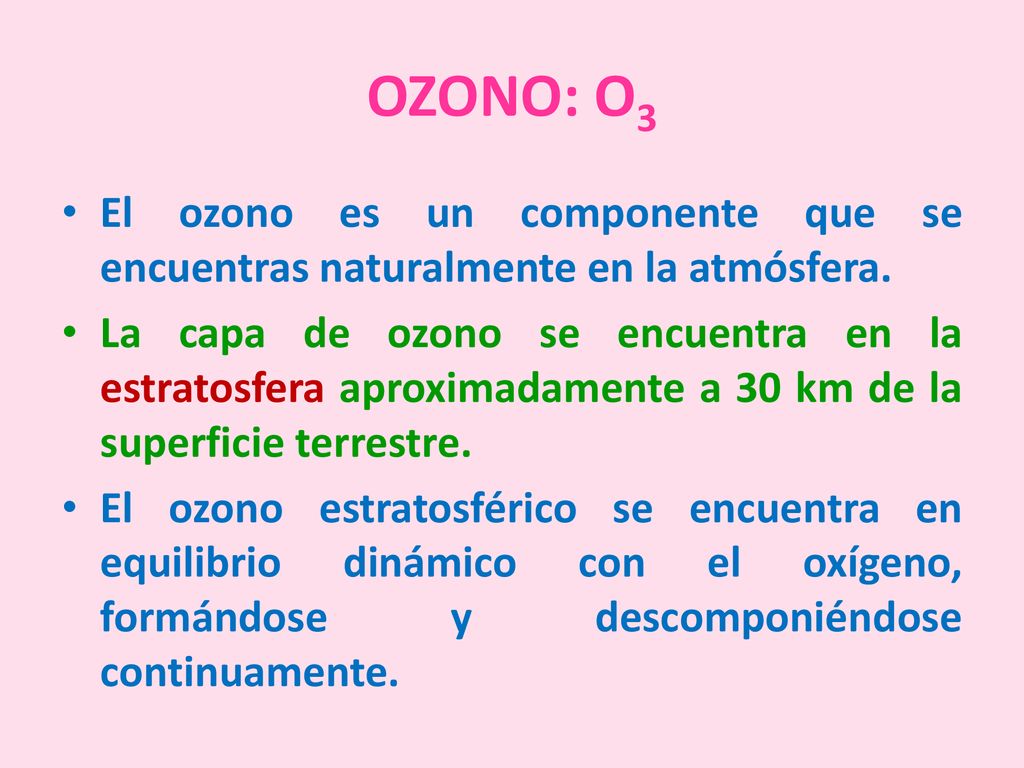 OZONO: O3 El ozono es un componente que se encuentras naturalmente en la atmósfera.