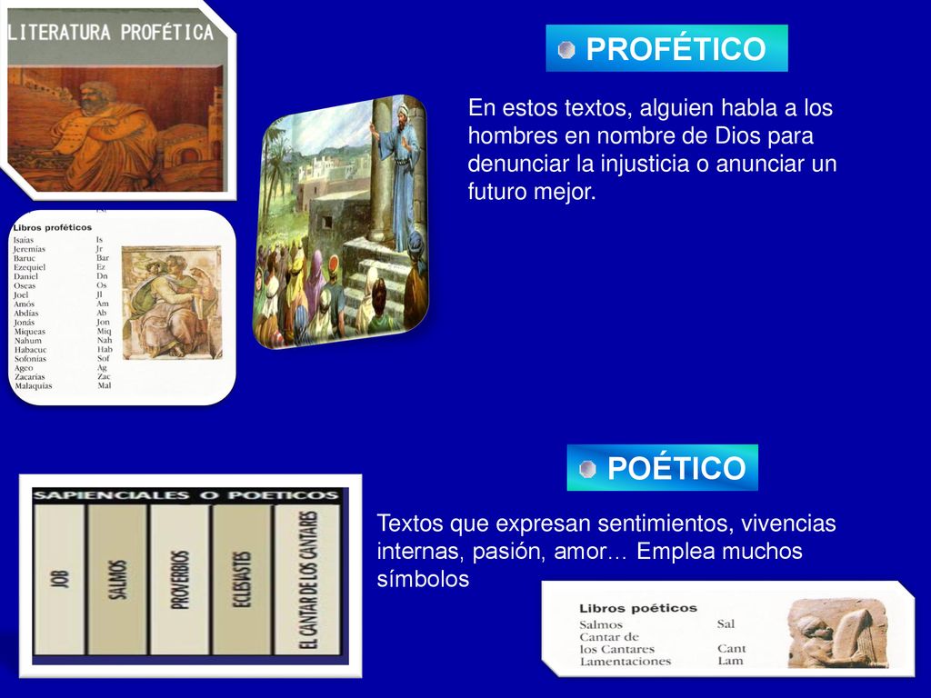 PROFÉTICO En estos textos, alguien habla a los hombres en nombre de Dios para denunciar la injusticia o anunciar un futuro mejor.