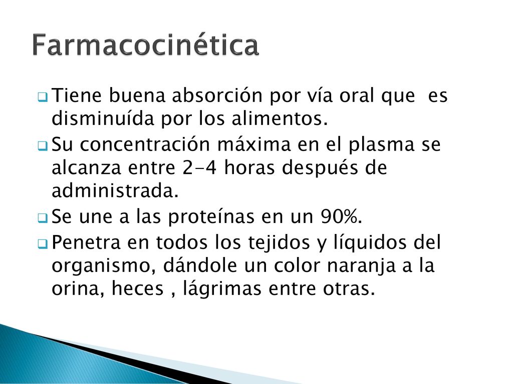 Farmacocinética Tiene buena absorción por vía oral que es disminuída por los alimentos.
