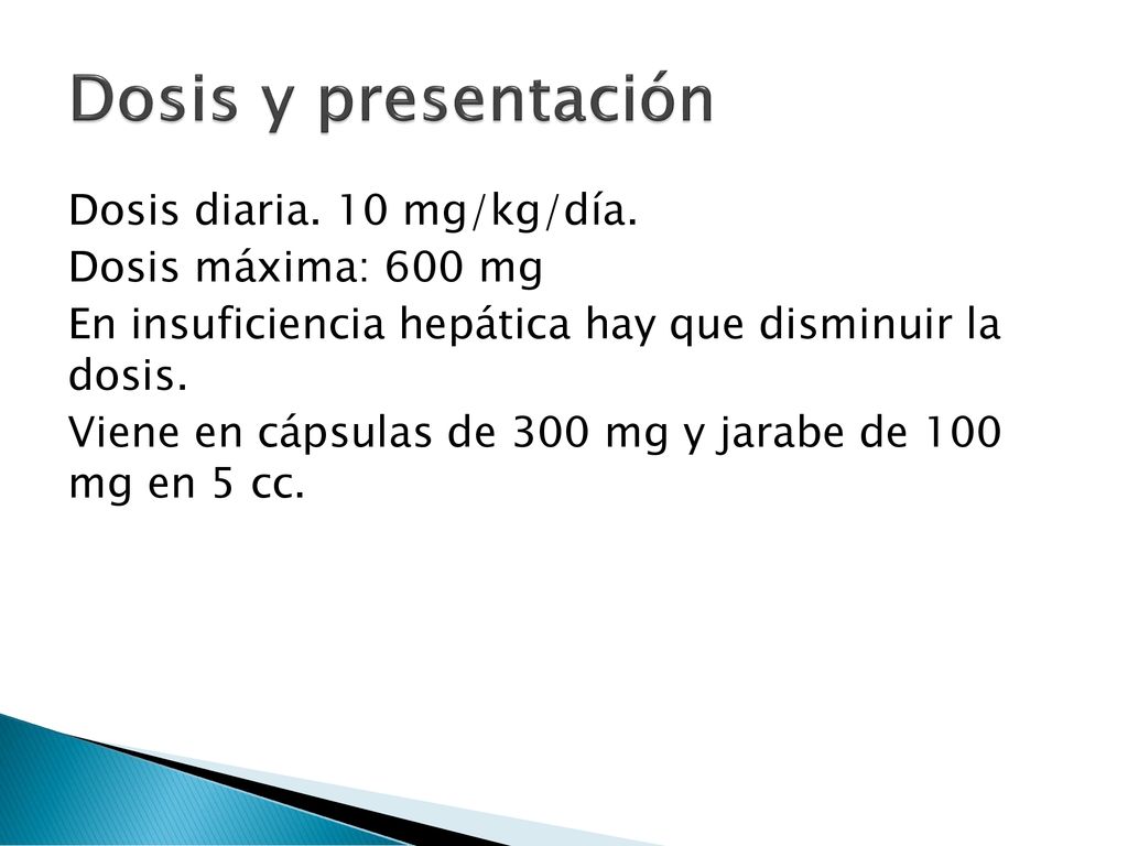 Dosis y presentación Dosis diaria. 10 mg/kg/día. Dosis máxima: 600 mg