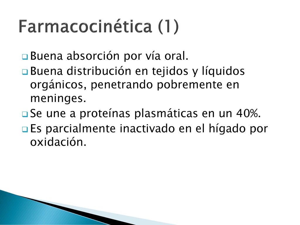Farmacocinética (1) Buena absorción por vía oral.