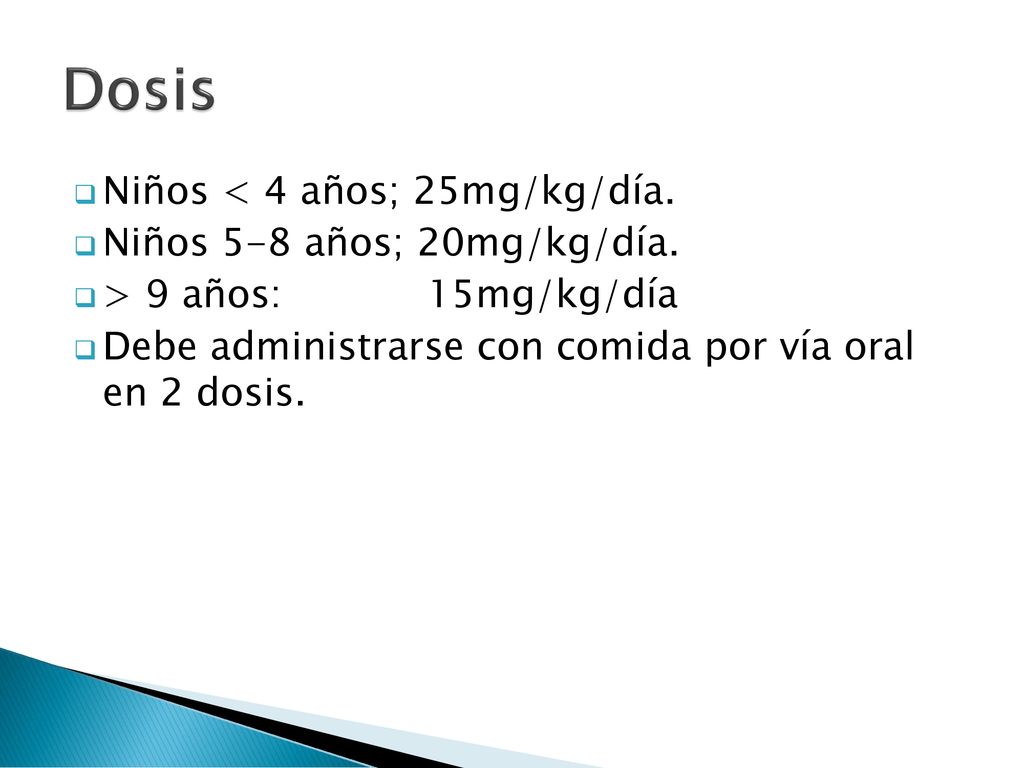 Dosis Niños < 4 años; 25mg/kg/día. Niños 5-8 años; 20mg/kg/día.