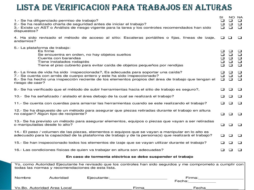 LISTA DE VERIFICACION PARA TRABAJOS EN ALTURAS