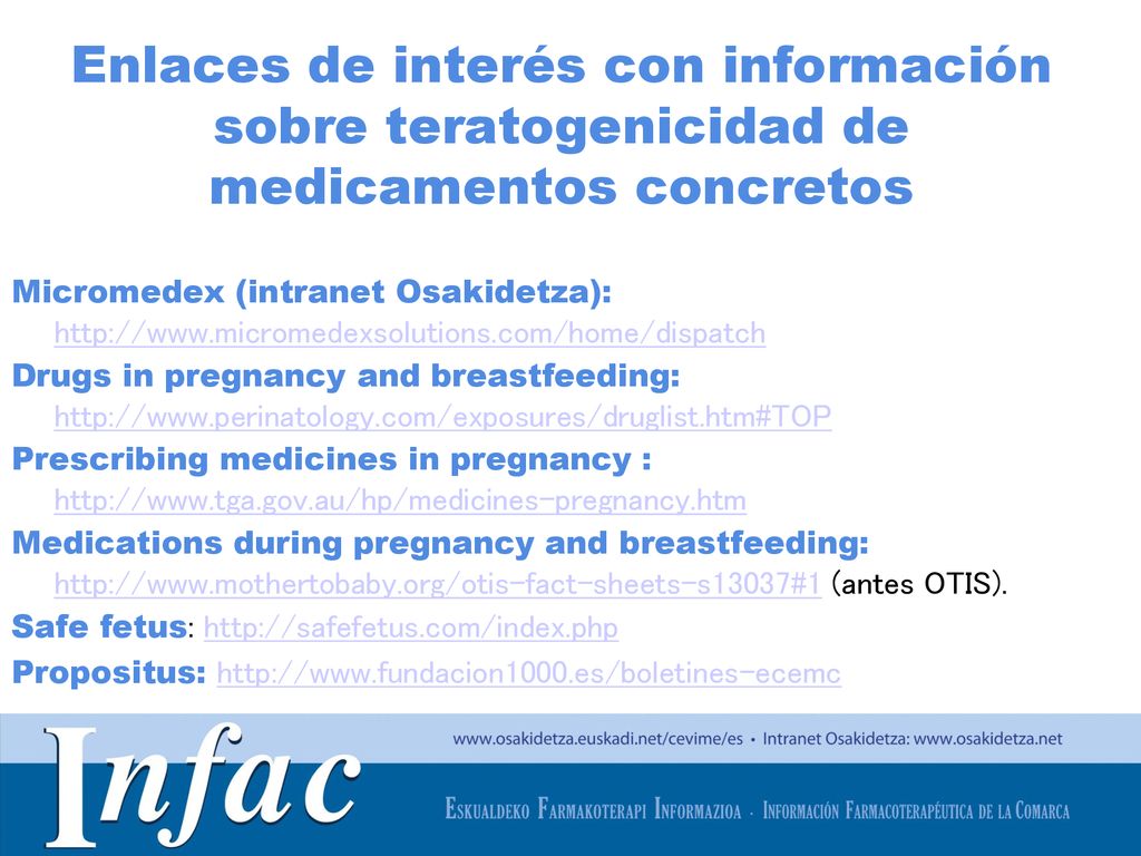 Enlaces de interés con información sobre teratogenicidad de medicamentos concretos
