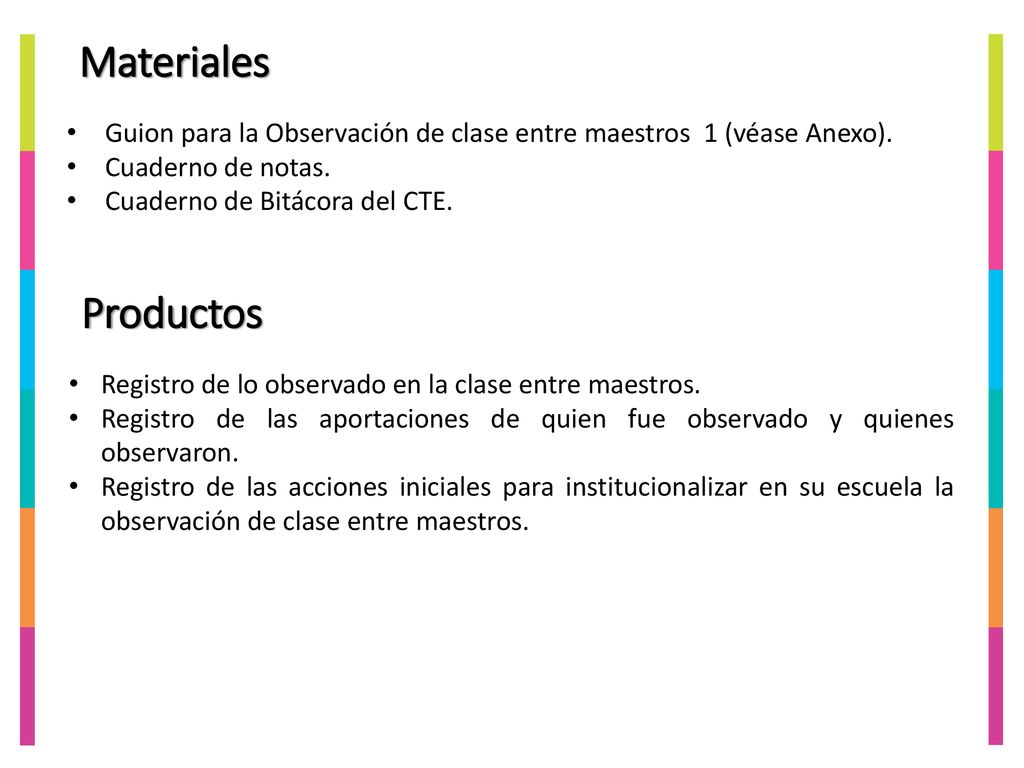 Materiales Guion para la Observación de clase entre maestros 1 (véase Anexo). Cuaderno de notas. Cuaderno de Bitácora del CTE.