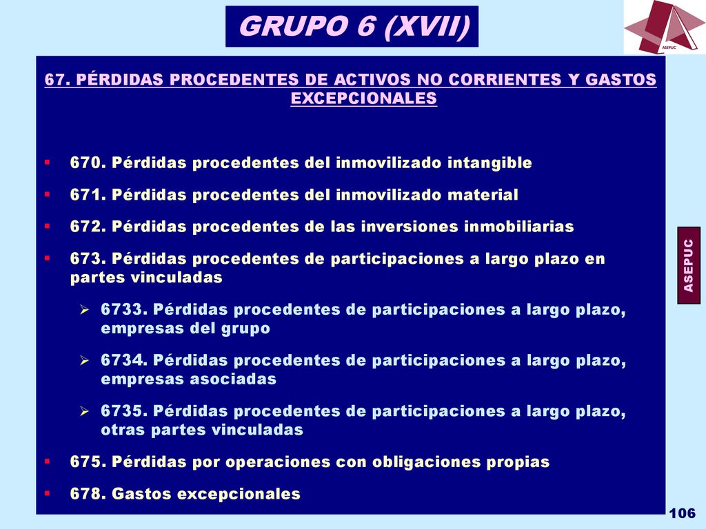 GRUPO 6 (XVII) 67. PÉRDIDAS PROCEDENTES DE ACTIVOS NO CORRIENTES Y GASTOS EXCEPCIONALES Pérdidas procedentes del inmovilizado intangible.