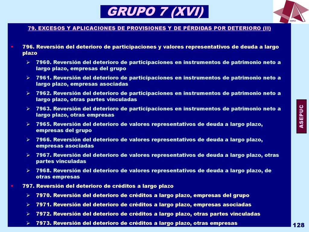 GRUPO 7 (XVI) 79. EXCESOS Y APLICACIONES DE PROVISIONES Y DE PÉRDIDAS POR DETERIORO (II)