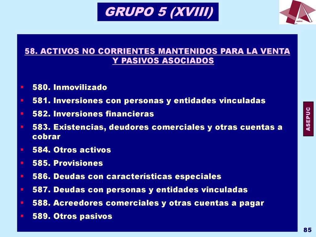 58. ACTIVOS NO CORRIENTES MANTENIDOS PARA LA VENTA Y PASIVOS ASOCIADOS