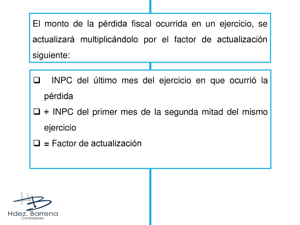 El monto de la pérdida fiscal ocurrida en un ejercicio, se actualizará multiplicándolo por el factor de actualización siguiente: