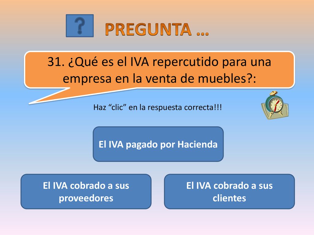 PREGUNTA … 31. ¿Qué es el IVA repercutido para una empresa en la venta de muebles : Haz clic en la respuesta correcta!!!