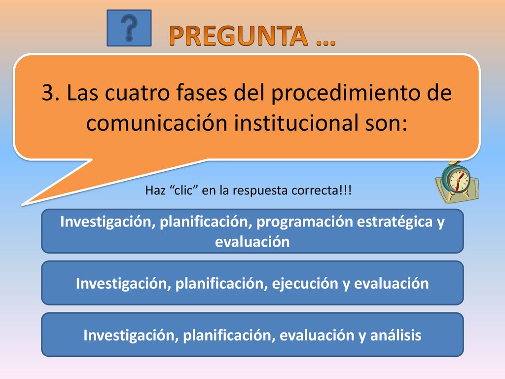 PREGUNTA … 3. Las cuatro fases del procedimiento de comunicación institucional son: Haz clic en la respuesta correcta!!!