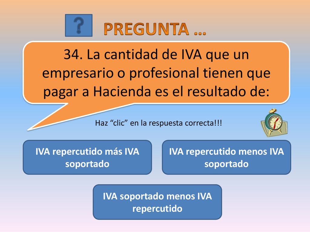 PREGUNTA … 34. La cantidad de IVA que un empresario o profesional tienen que pagar a Hacienda es el resultado de: