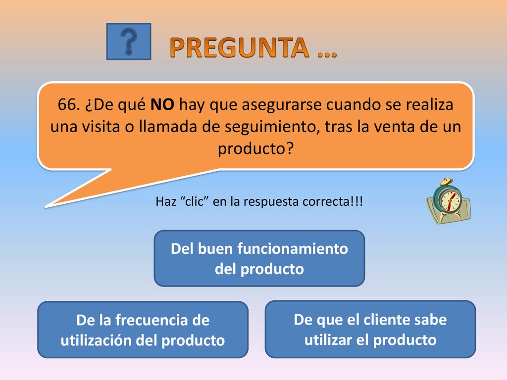 PREGUNTA … 66. ¿De qué NO hay que asegurarse cuando se realiza una visita o llamada de seguimiento, tras la venta de un producto