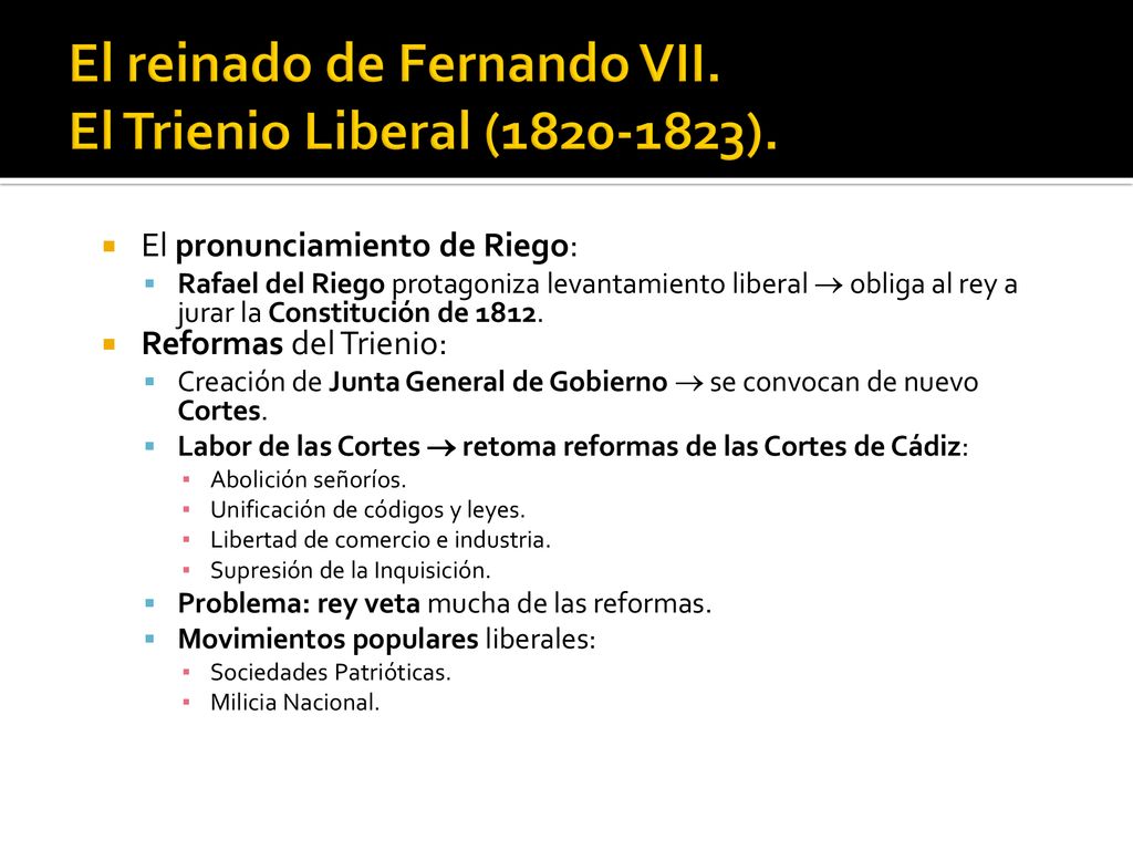 El reinado de Fernando VII. El Trienio Liberal ( ).