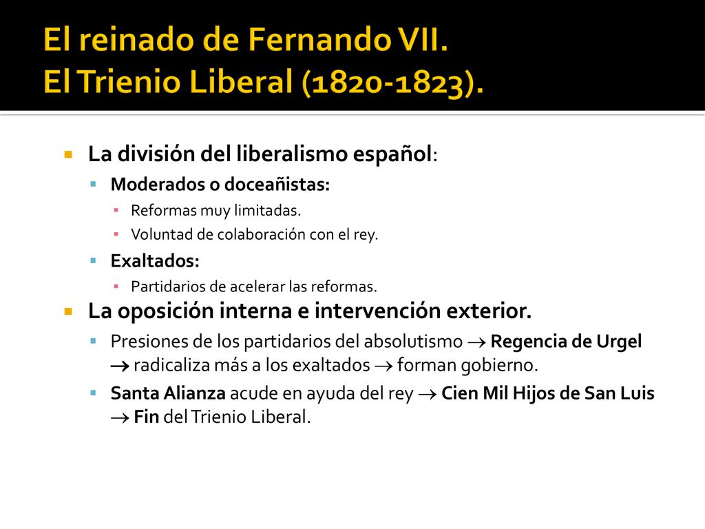 El reinado de Fernando VII. El Trienio Liberal ( ).