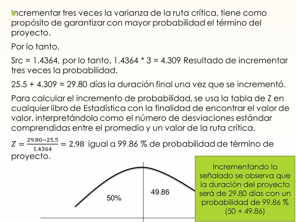 Incrementando lo señalado se observa que la duración del proyecto será de días con un probabilidad de %