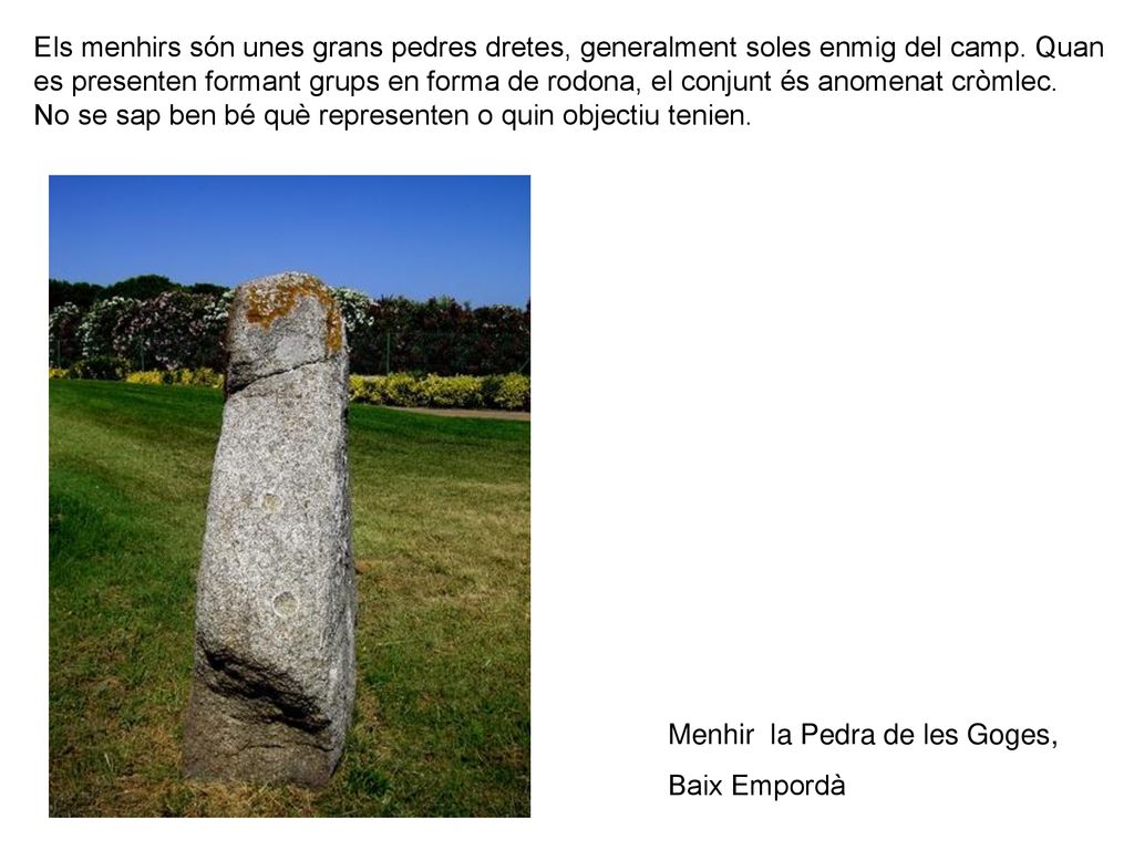 Els menhirs són unes grans pedres dretes, generalment soles enmig del camp. Quan es presenten formant grups en forma de rodona, el conjunt és anomenat cròmlec. No se sap ben bé què representen o quin objectiu tenien.