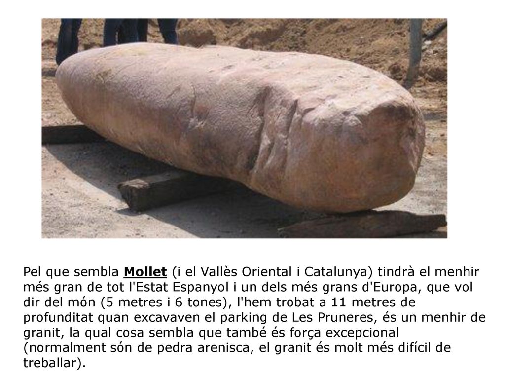 Pel que sembla Mollet (i el Vallès Oriental i Catalunya) tindrà el menhir més gran de tot l Estat Espanyol i un dels més grans d Europa, que vol dir del món (5 metres i 6 tones), l hem trobat a 11 metres de profunditat quan excavaven el parking de Les Pruneres, és un menhir de granit, la qual cosa sembla que també és força excepcional (normalment són de pedra arenisca, el granit és molt més difícil de treballar).