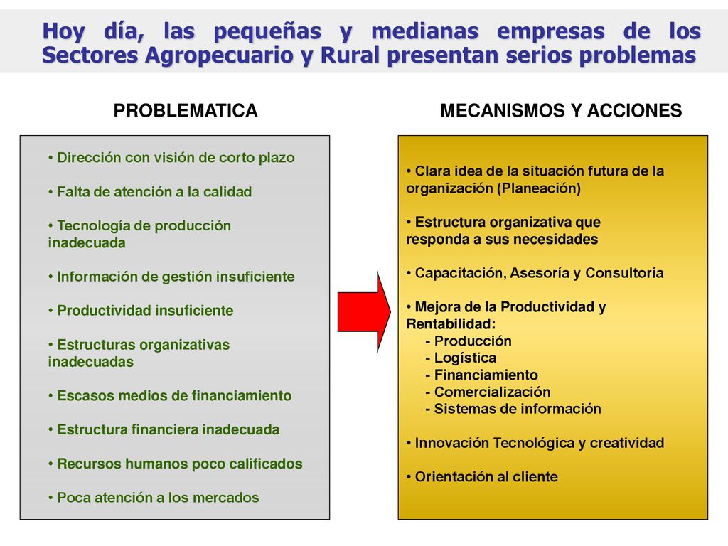 Hoy día, las pequeñas y medianas empresas de los Sectores Agropecuario y Rural presentan serios problemas