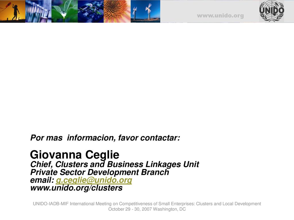 Por mas informacion, favor contactar: Giovanna Ceglie Chief, Clusters and Business Linkages Unit Private Sector Development Branch